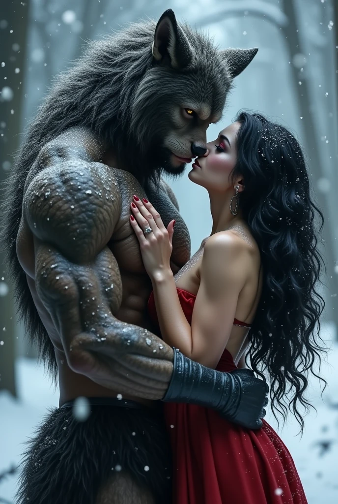 NSFW (nude) (Anna ((human)) medium breasts, strip of pubic hair) vaginal penetration fucking (((nude male furry grey wolf with knotted penis))), full body, in a deserted snowy landscape