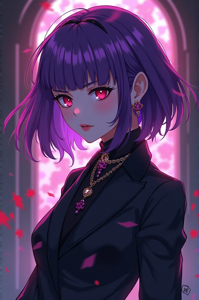 anime girl, Tokyo Revengers anime style. Dark brown hair, curly, medium, fuchsia highlights in hair, Pale skin, dark brown eyes. Toman gang uniform, dark and gold letters, Rose tattoo on the neck, with a callejon at the bottom, gang member