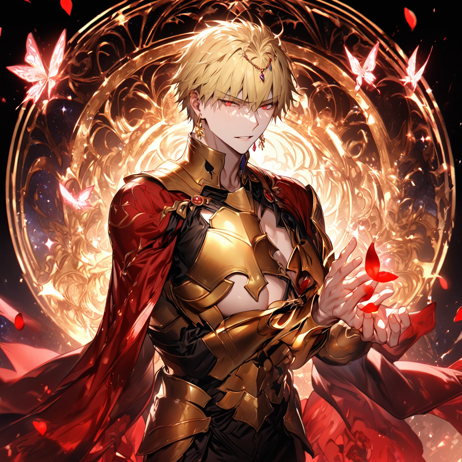 absurdres, highres, ultra detailed, HDR, master piece, Gilgamesh, blonde hair, expressive red eyes, toned chest, golden armor, black clothes, golden earrings, sexy man, best quality, Fate Grand Order, solo, fantasy, magical, sensual, glittering, accessories, starry sky, magic, red petals, golden magical circle, handsome, adult face, red butterflies