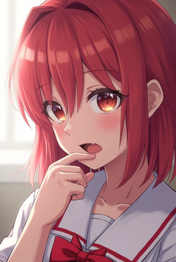 nsfw, (POV oral sex with cum:1.3), (deep throat:1.3), (intense perfect fellatio:1.2), :>=, (1boy, full by:1.2), a pure innocent girl, very cute face, like a idol, blush, (school uniform:1.1), look up at viewer with lovingly gaze, arms behind the back, in front of 1penis with between viewer's legs, (mouth on the viewer's crotch completely:1.3), (perfect keeling under the desk completely, body is perfect into the desk, face come out from under the desk:1.3), (face focus:1.2), (viewer is sitting, bare viewer:1.2), (under the desk with depth:1.3), in own room, viewer's legs in the picture, from above,