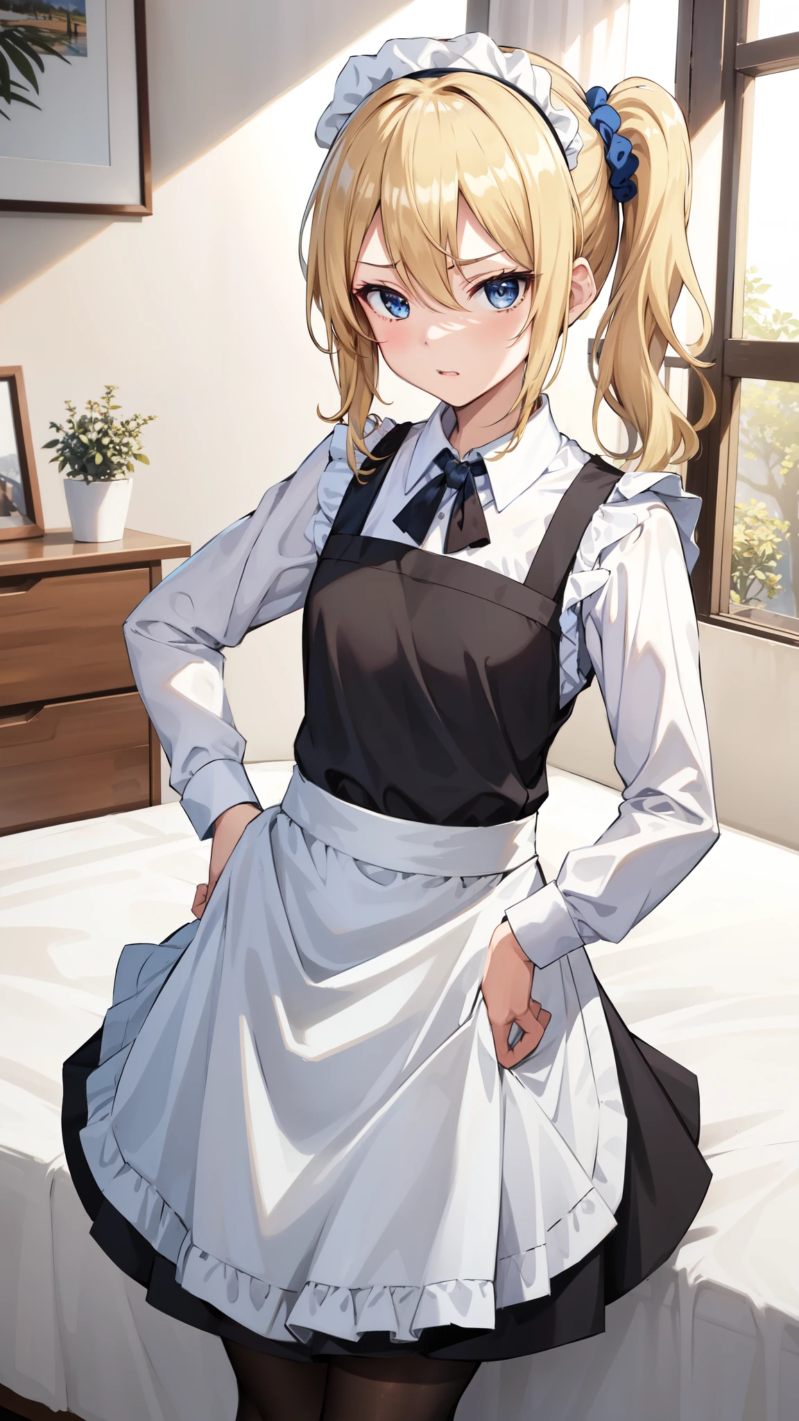 (masterpiece, 4k, best quality, highly detailed, 1girl, solo, small breasts, from below, frown, skirt lift, lifted by self, panties under pantyhose), hayasaka ai, blonde hair, maid, blue eyes, side ponytail, hair scrunchie, hair ornament, blue scrunchie, maid headdress, apron, hair between eyes, breasts, long sleeves, bangs, white shirt, black dress, sidelocks, maid apron, black pantyhose, closed mouth, disgust, ((expressionless)), cowboy shot, <lora:hayasaka_ai_v10:0.7>