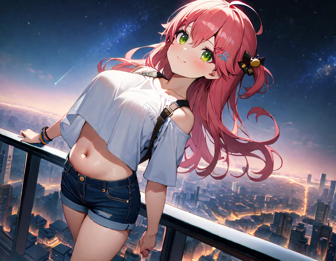 (8k、Best image quality、highest quality、masterpiece)、Detailed face、 1teen_girl、pink Hair、Long Hair、green_eyes、smile,(navel_peek)、(large_breasts),(White_short_T-shirt:1.5)、Off the shoulder、Black shoulder straps、(open_front_shorts,denim_short_shorts:1.2)、City Background, starry_sky_landscape ,sakura_miko,ho****ve,(covered_nipples:0.3), (belly_button:1.2),solo,stargaze,girl_looking_up_sky,shoot_boots,