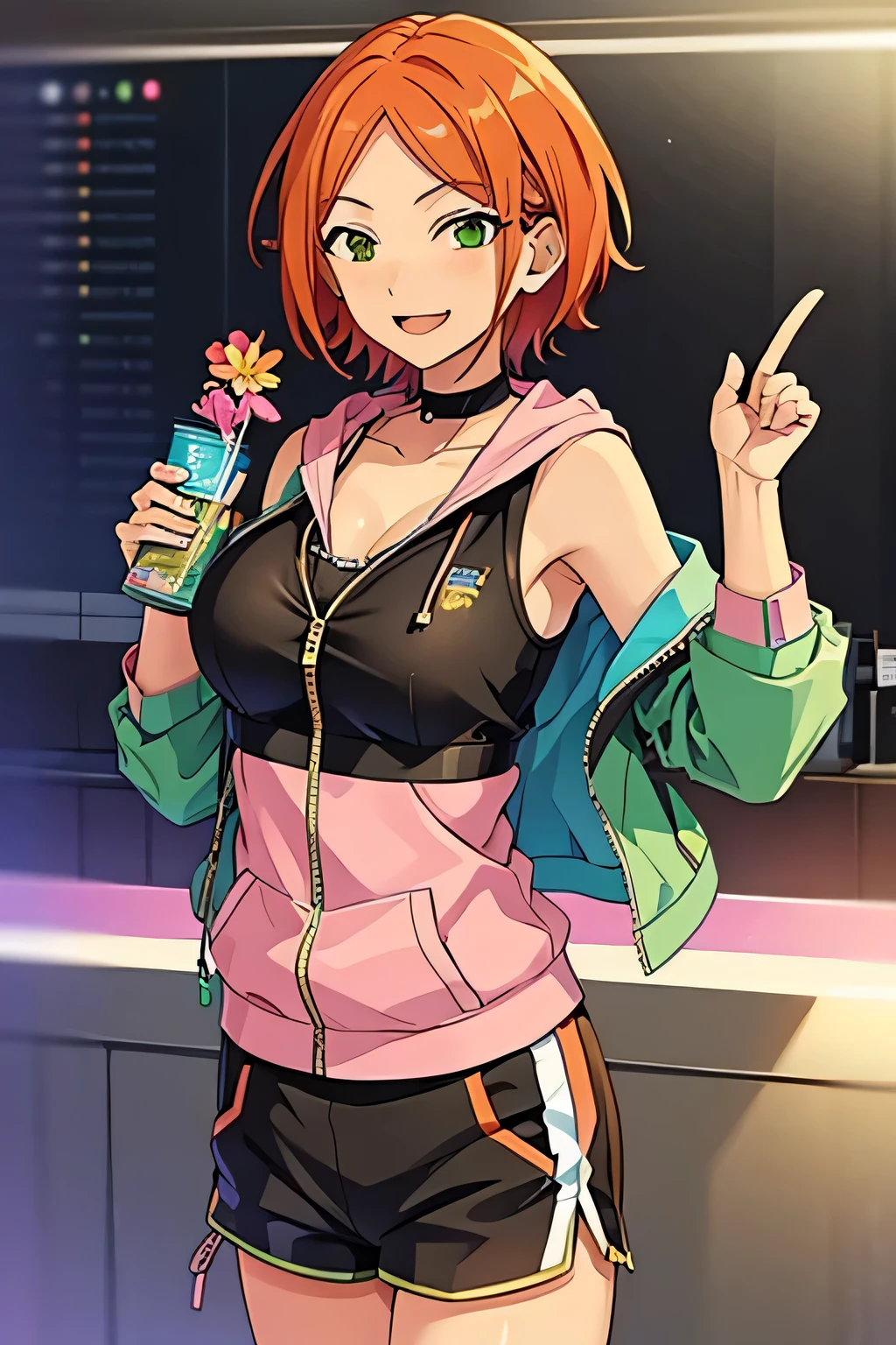 yuta2 hinata2 ((2girl, multiple girls, twin)), (big breast)orange hair, green eyes , ((happy)), Cleavage, smile 
Short sleeveless hoodie