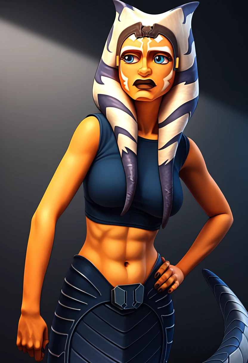 AhsokaTanoXL, blue eyes, tentacle hair, orange skin, colored skin, facial mark, snake tail, lamia, scaly tail, big breasts, orange snake tail, Lam1a, scale, stands in a modern city, snake tail, half person half snake, Ahsoka Tano