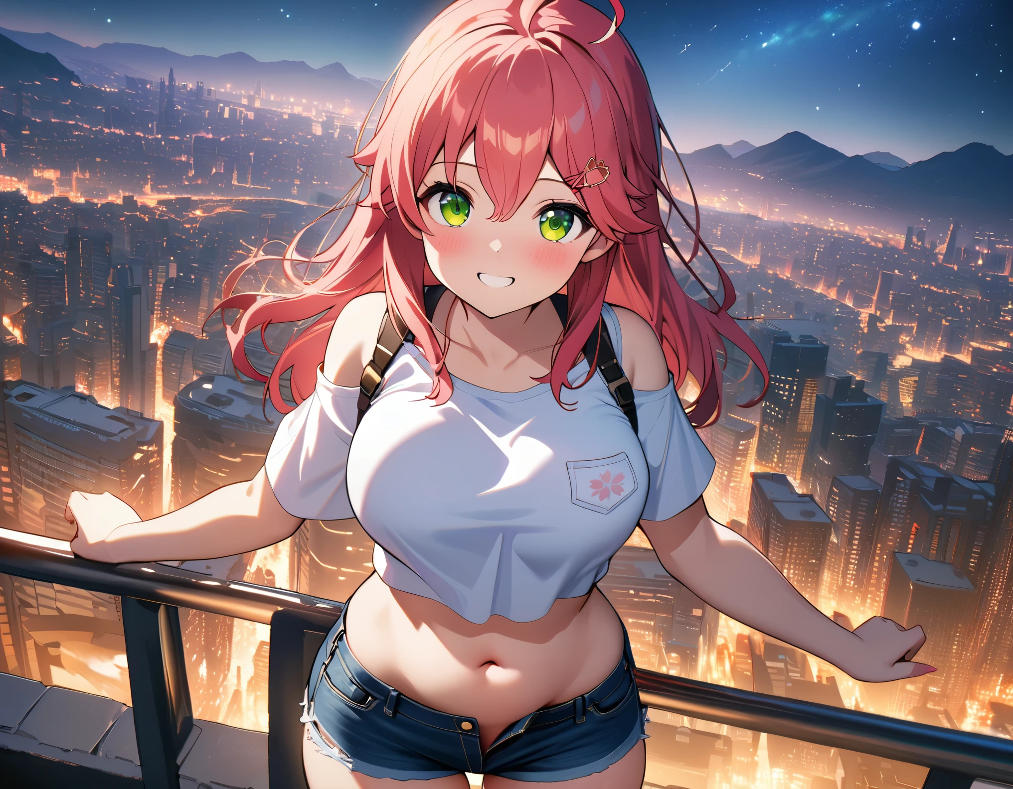 (8k、Best image quality、highest quality、masterpiece)、Detailed face、 1teen_girl、pink Hair、Long Hair、green_eyes、smile,(navel_peek)、(large_breasts),(White_short_T-shirt:1.5)、Off the shoulder、Black shoulder straps、(open_front_shorts,denim_short_shorts:1.2)、City Background, starry_sky_landscape ,sakura_miko,hololive,(covered_nipples:0.3), (belly_button:1.2),solo,stargaze,girl_looking_up_sky,shoot_boots,