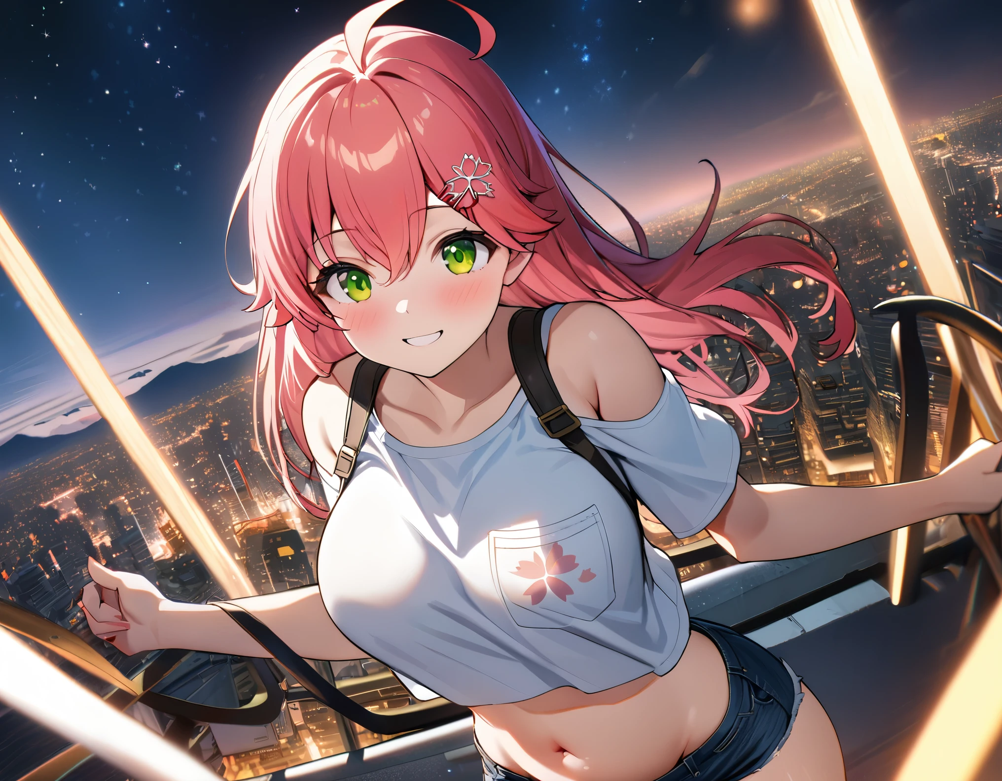 (8k、Best image quality、highest quality、masterpiece)、Detailed face、 1teen_girl、pink Hair、Long Hair、green_eyes、smile,(navel_peek)、(large_breasts),(White_short_T-shirt:1.5)、Off the shoulder、Black shoulder straps、(open_front_shorts,denim_short_shorts:1.2)、City Background, starry_sky_landscape ,sakura_miko,hololive,(covered_nipples:0.3), (belly_button:1.2),solo,stargaze,girl_looking_up_sky,shoot_boots,