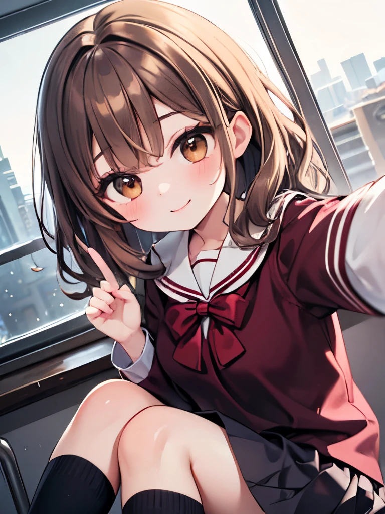 girl , baby face, brown eyes, ((wavy hair)) ,ash light brown hair, ((medium hair)) ,winter school uniform,eyelashes, quality, ultra detailed, ultra high res,light smile, classroom,big eyes, droopy eyes, feet out of frame,dutch angle,fellatio gesture,selfie,pov