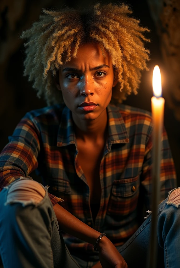 photograph of a woman, (troubled facial expression), textured skin, goosebumps, blonde afro hair, plaid flannel shirt with distressed boyfriend jeans, cowboy shot, dark and mysterious cave with unique rock formations and hidden wonders, perfect eyes, (candlelight,chiaroscuro), Porta 160 color, shot on ARRI ALEXA 65, bokeh, sharp focus on subject, shot by Don McCullin