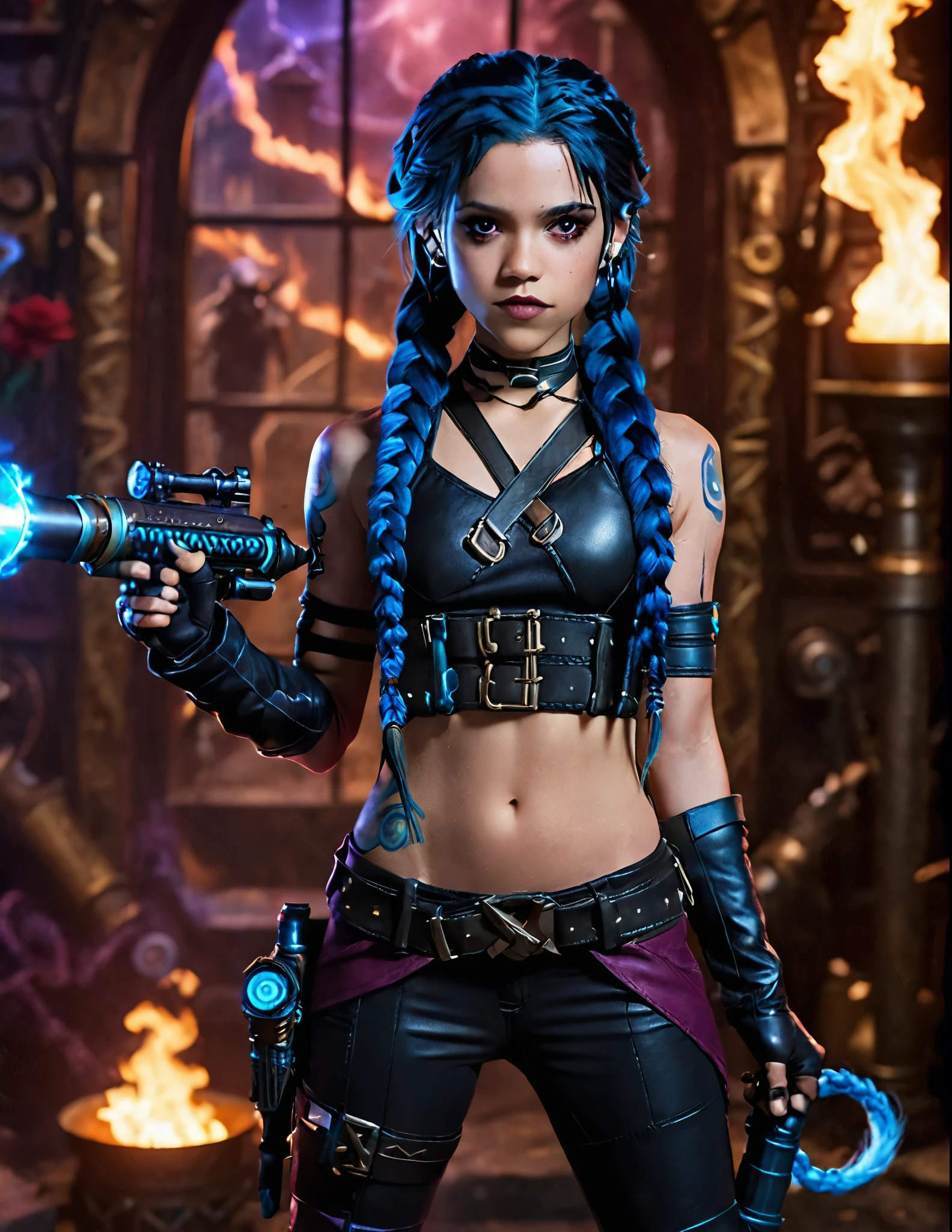 Jenna Ortega as Jinx, cinematic photo Professional of a beautiful ((ohwx woman)), blue braided black hair, colorful makeup,  inspired by the character jinx from Arcane, imposing position, he would be, holding a stylized Arcane bazooka. Jinx, masterpiece, high resolution, anatomically correct, Awarded several times, best quality, Textured skin, Super Detail, high quality, Alone, 