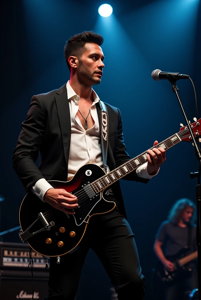 Medium build male with short black hair wearing white unbuttoned shirt with black jacket and black pants holding a guitar with band and microphone and mic stand Close up