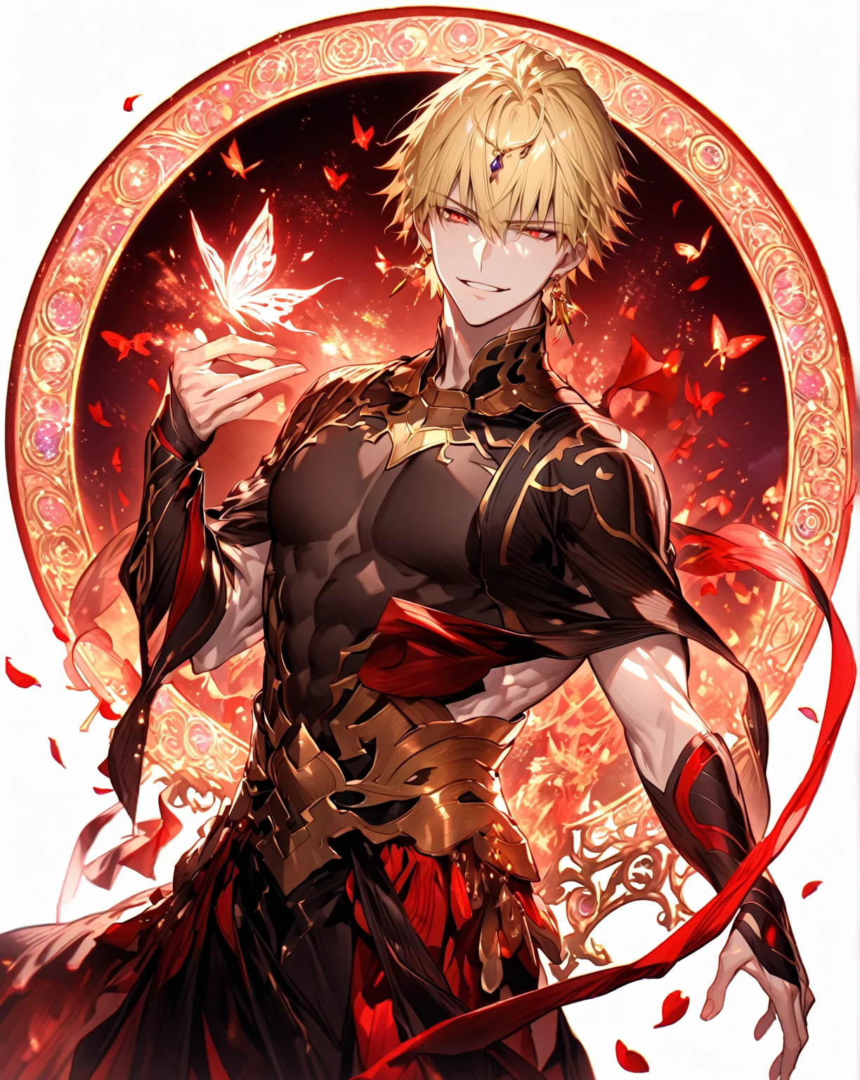 absurdres, highres, ultra detailed, HDR, master piece, Gilgamesh, blonde hair, expressive red eyes, toned chest, black clothes, golden earrings, sexy man, best quality, Fate Grand Order, solo, fantasy, magical, sensual, glittering, accessories, starry sky, magic, red petals, golden magical circle, handsome, adult face, red butterflies, handsome smile