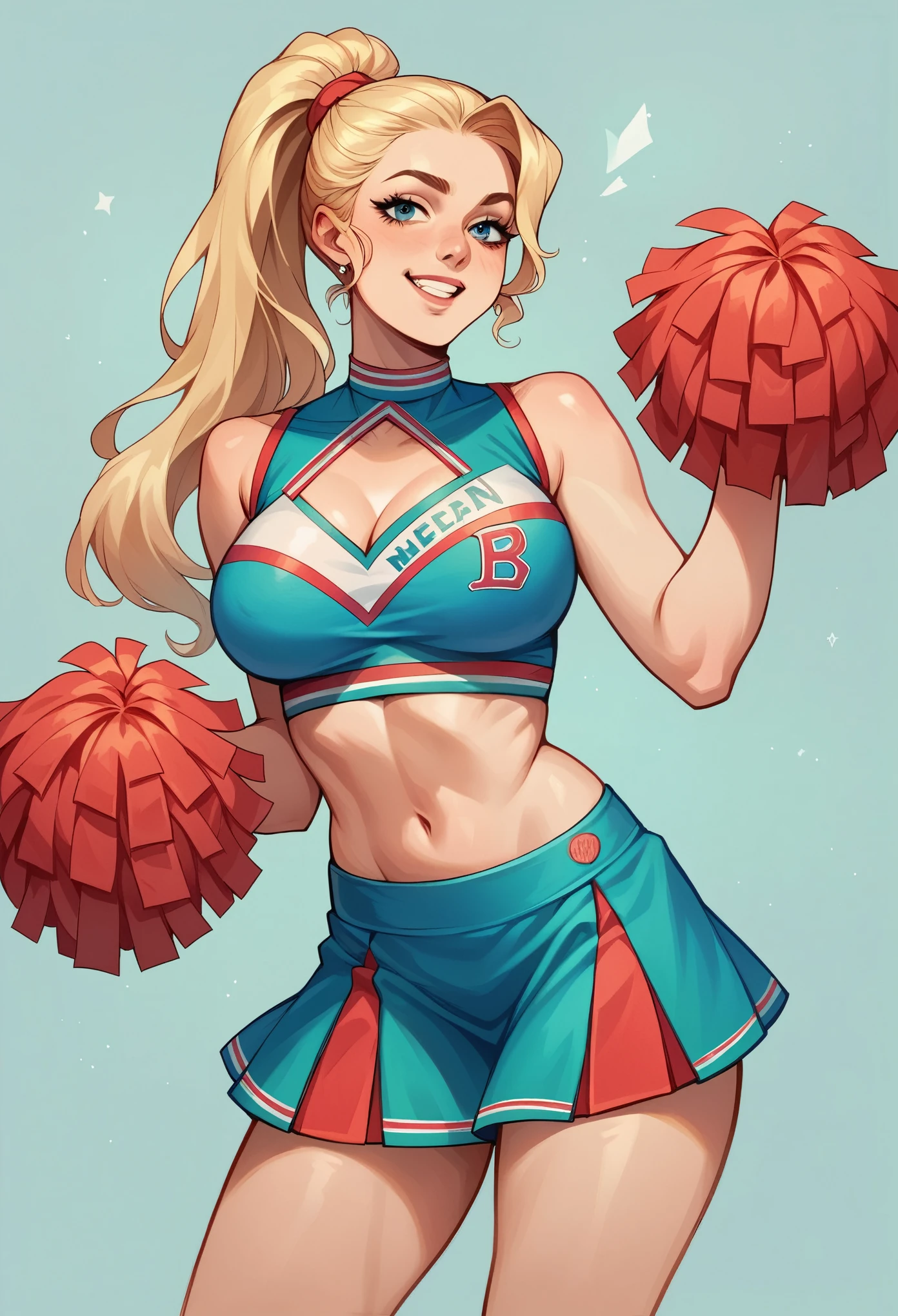 [(1girl), dynamic and seductive pose, micro string skirt, sexy cheerleader revealing outfit, revealing top, ((mischievous expression:1.3)|(coquettish expression:0.9)|(playful expression:0.8)), (long flowing hair:1.3),".