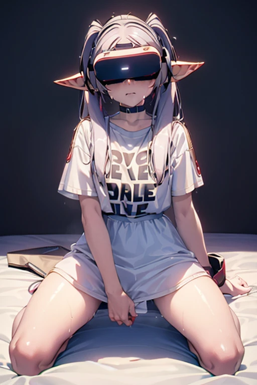 kneeling down on bed, with transparent white shirt, Grieving, elf ears , sobbing ((Using virtual reality glasses))