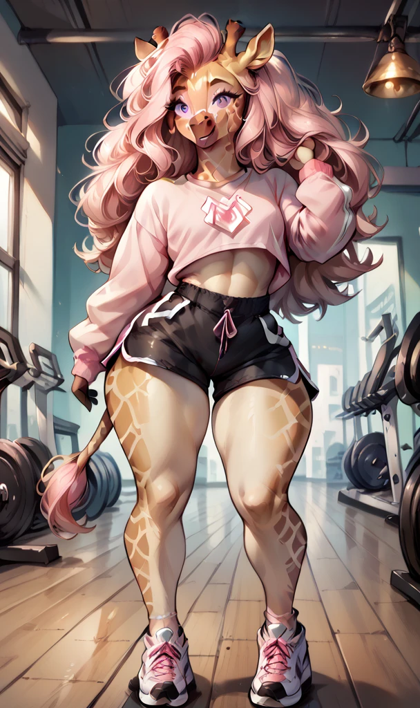 anthropomorphic giraffe woman, long fluffy hair, giraffe, small breasts, attractive, (pink top, black shorts, white sneakers), shapely body, giraffe tail, big thighs, big, freckles, freckles on face, pretty eyes, (expression of joy), she is in the gym, training weight training