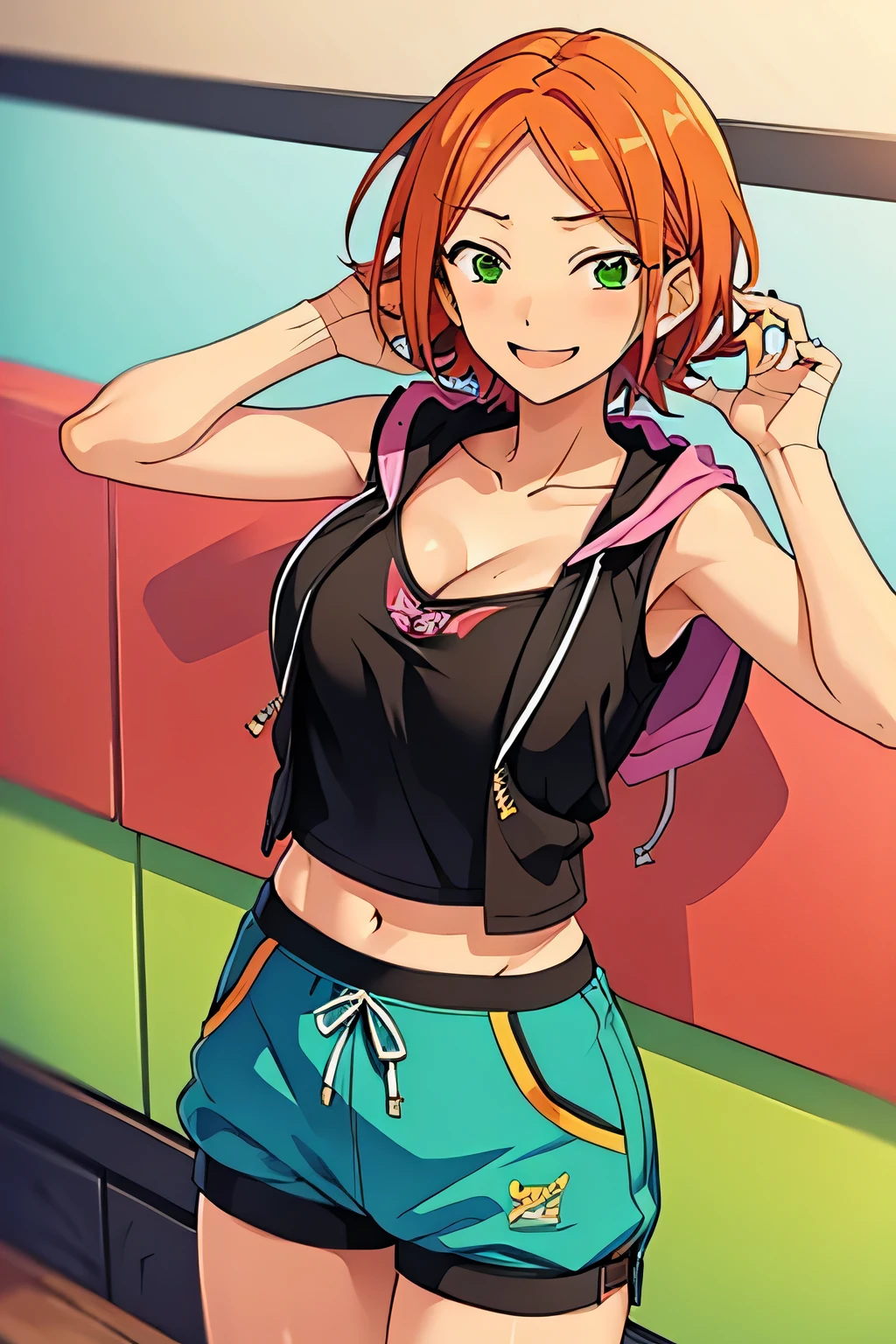 yuta2 hinata2 ((2girl, multiple girls, twin)), (big breast)orange hair, green eyes , ((happy)),( Cleavage,) smile 
Short sleeveless hoodie,( thick thigh)