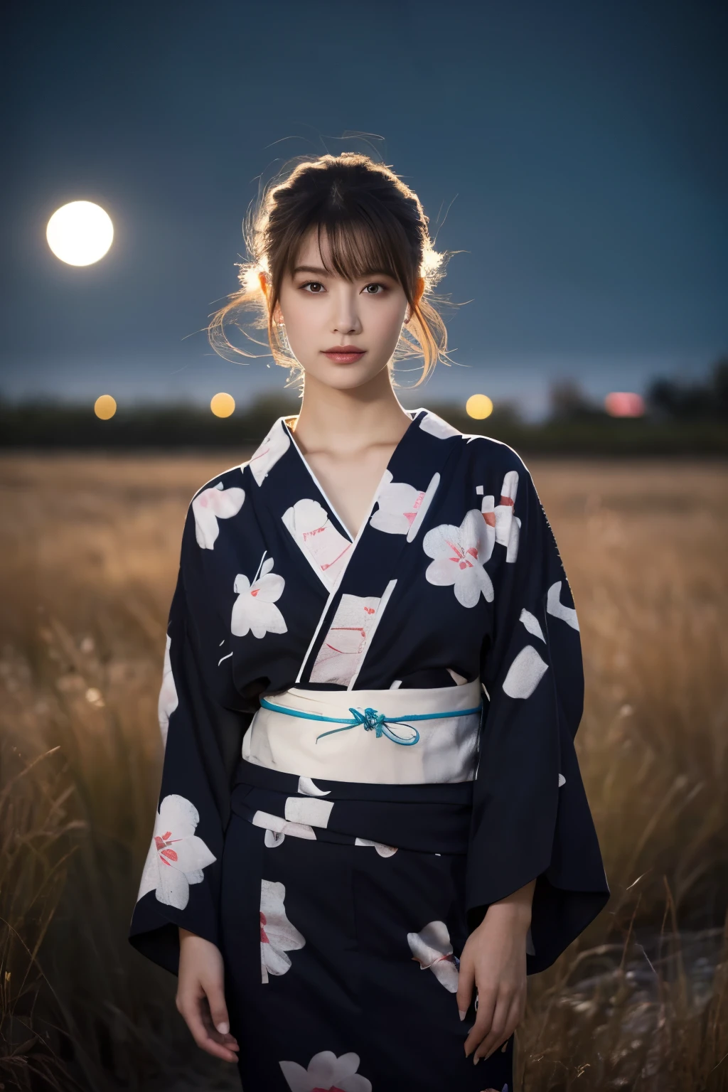 1 girl, (She is wearing a cute yukata:1.2), Very beautiful Japanese idol portraits(RAW Photo Best Quality), (Realistic, Realistic:1.4), (masterpiece), 
Very delicate and beautiful, Very detailed, 2k wallpaper, wonderful, finely, Very detailed CG Unity 8K wallpaper, Very detailed, High resolution, Soft Light, 
Beautiful detailed girl, Very detailed目と顔, Beautiful and sophisticated nose, Beautiful beautiful eyes, Cinema Lighting, 
(A moonlit night in late autumn、I was standing in a desolate field:1.3), (hill), (Big Moon), (Full-body silhouette of a girl floating in the moonlight:1.4), (Dark screen:1.5), (A fantastic atmosphere),
(Medium Hair), (Hair blowing in the wind), 
Perfect Anatomy, Slender body, Small breasts