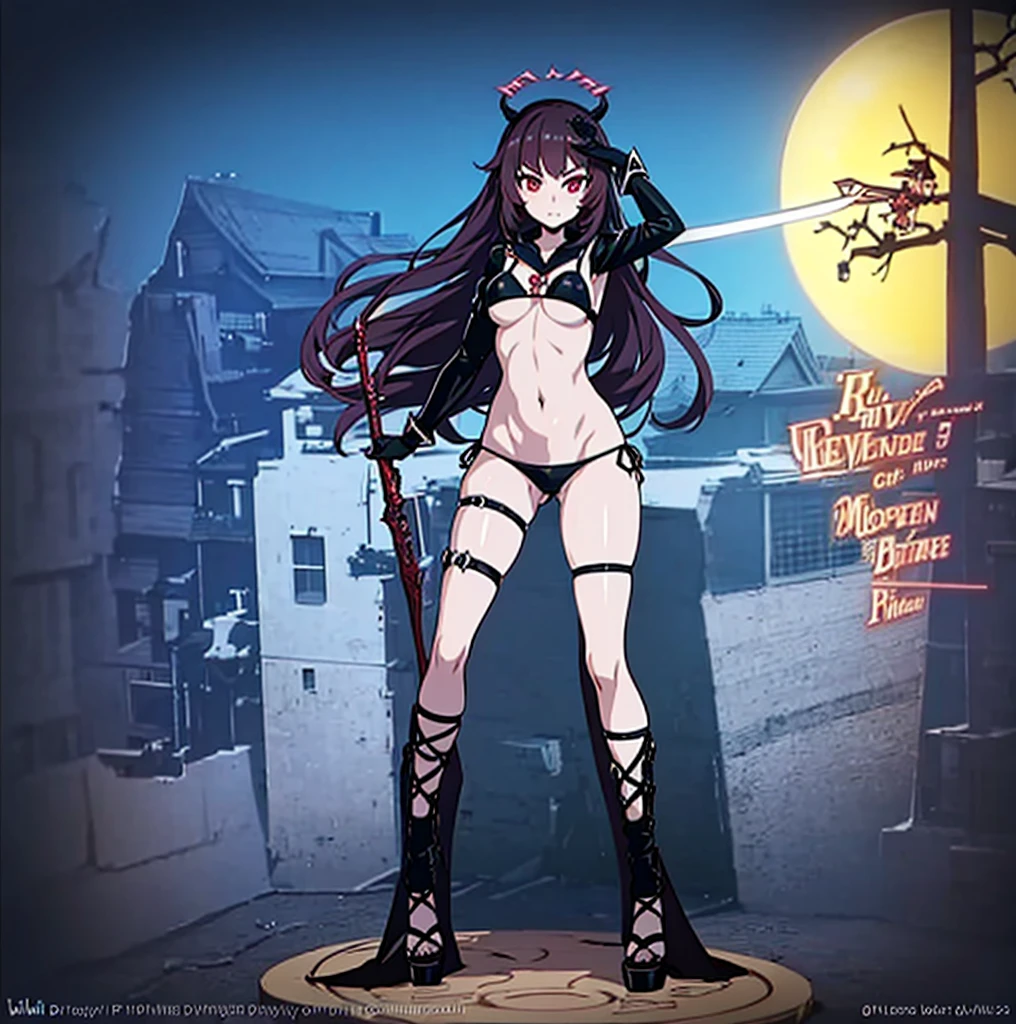 Wear only latex bras and latex triangle underwear, Showing cleavage,Outline the nipples and genitals,Nipple protrusion,Evil Smile,Enchantment,Banshee,Fingers like sharp claws,,There are two red horns on the head,Dark purple long hair,Purple Eye,Squint your eyes slightly,There is a charming light in the eyes,Large Breasts,Hips,Red eyeliner,Navel,garters,Beautiful curves,Purple Heart Emblem on the Crotch,Red heart-shaped emblem on hip,holding a long spear,Walking on the streets of cyberpunk,panoramic,Front view,8k,best quality