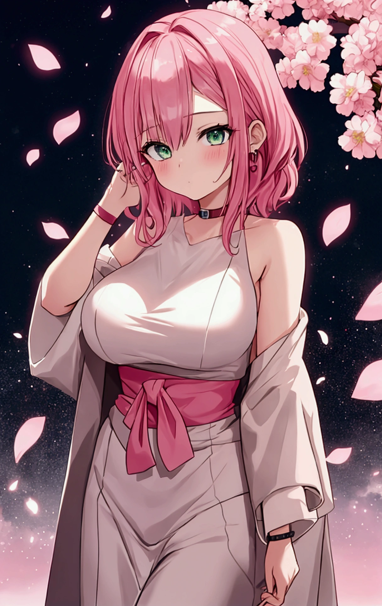 tmasterpiece, Best quality at best, 1girll, Sakura Haruno, Large breasts,Off-the-shoulder attire,(cleavage),(upperbody closeup),Raised sexy,is shy,ssmile,with pink hair, long whitr hair, (Green eyeballs:1.4), Forehead protection, the cherry trees,Cherry blossoms flying,No clothes,Zipper half. Nude breasts. Transparent clothing. Nude 4k. Nude sexy body. Beautiful pose