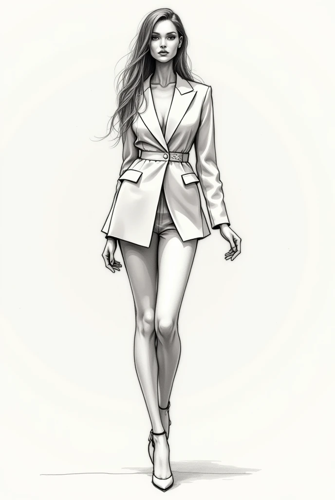 Give me a sketch of a top and pants suit, for lady, of screen, formal 