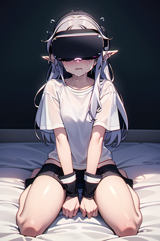 kneeling down on bed, with transparent white shirt, Grieving, elf ears , sobbing ((Using virtual reality glasses))