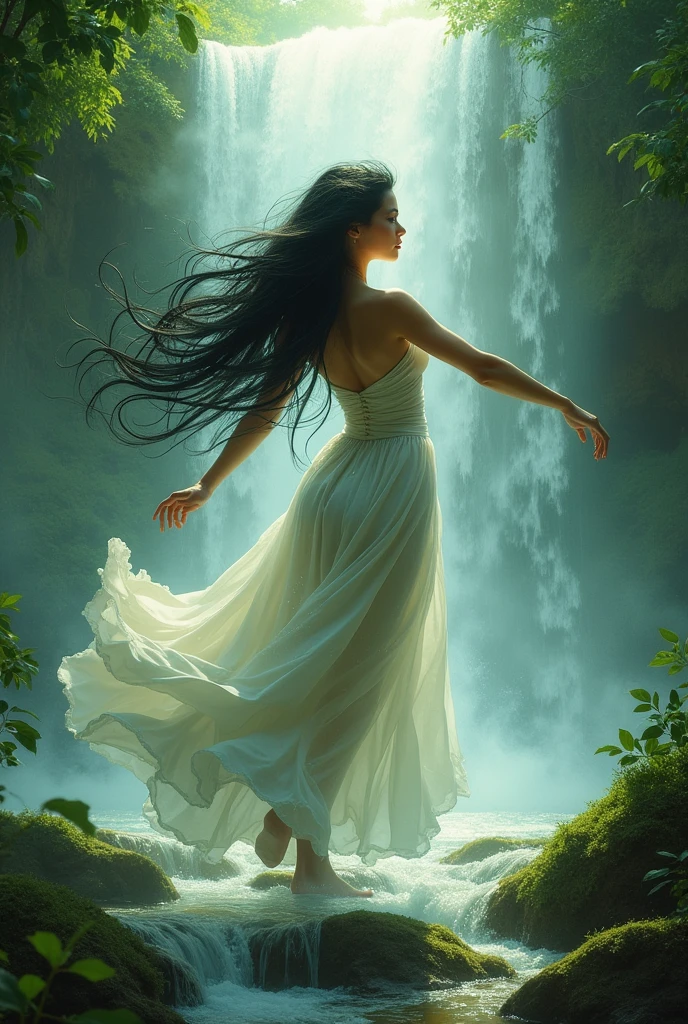 Woman with black hair and green eyes, dancing in the waterfall 
