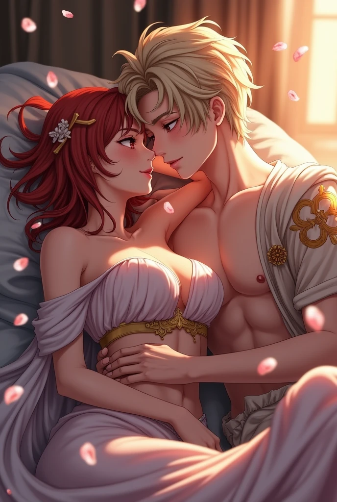((highest quality)), ((masterpiece)), (detailed), Perfect Face、((Yuuki Asuna))、Brown Hair、((Men and women get naked))、((They have sex in the face-to-face cowgirl position while holding each other tightly.))、On the bed in the bedroom、((A man and a woman have marital relations on a bed))、A man and a woman are a couple、Gorgeous Phoenix Crown、Woman has a happy face、Gorgeous hair ornament、Earrings、necklace、Bracelet、Luxury accessories、（The woman is the empress）、（The man is the prince）、((Woman hugs man))、（The man puts his hands around the woman&#39;s waist and hugs her）、((A man, a man and a woman make love deeply in bed))、((The woman spreads her legs and wraps them around the man&#39;s waist while hugging him and having sex.))、((A man hugs a woman and has sex))
