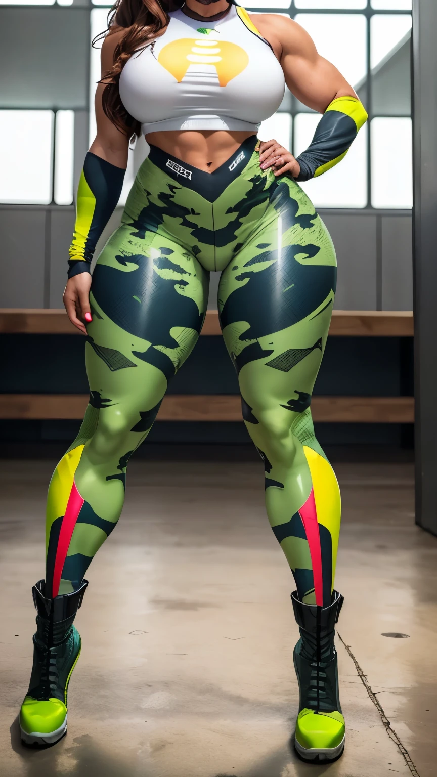 a sexy woman with large breasts, athletic body, wearing green and yellow bra and green and yellow leggings with white sneakers, black skin with braided hair, (best quality,4k,8k,highres,masterpiece:1.2),ultra-detailed,(realistic,photorealistic,photo-realistic:1.37),extremely detailed eyes and face,beautiful detailed eyes,beautiful detailed lips,longeyelashes,1girl,digital art,highly detailed,concept art,natural lighting,vivid colors,vibrant,dynamic pose,athletic,fit,muscular,sensual,alluring,confident