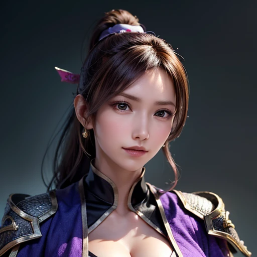 Close-up of a woman in armor and a purple cape, One person,wavy Ponytail,Large breasts and cleavage,Highly detailed face and skin texture,Looking into the camera,Perfect beauty: 1.4, fine grain,double eyelid, Whitening skin,Highest quality,Ultra-high resolution,Simple Background,Chinese Warrior