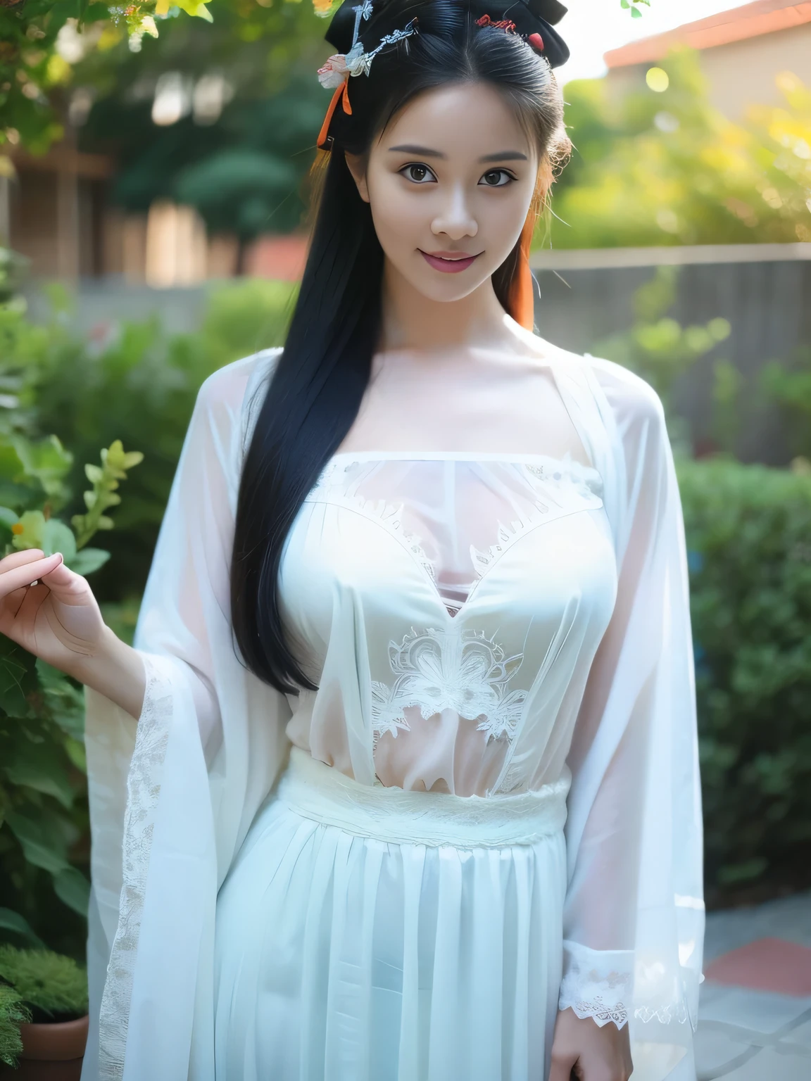 Fashion model 18 years old， [[[[Close-up cleavage]]]], [[[[rapeseed]]]], [[[[bshoulder]]]], perfect  eyes, Perfect iris，perfect lips，perfect teeth，Perfect Skin，with fair skin，HighDynamicRange，Movie Girl，(delicated face)，(Highly defined faces)，(((Transparent antique style casual underwear)))，(((Ancient Chinese women&#39;s hairstyle)))，(((obscene exposure)))，(((lace underwear big breasts)))，（(((Ancient Chinese courtyard in the background)))，((legs separated))，((A smile of excitement and satisfaction on his face))，((Sexy and charming expression))，((looking at viewert))，4K Ultra HD, 超高分辨率, (realistically: 1.4), Best quality at best，tmasterpiece，（pastel colour：1.2)