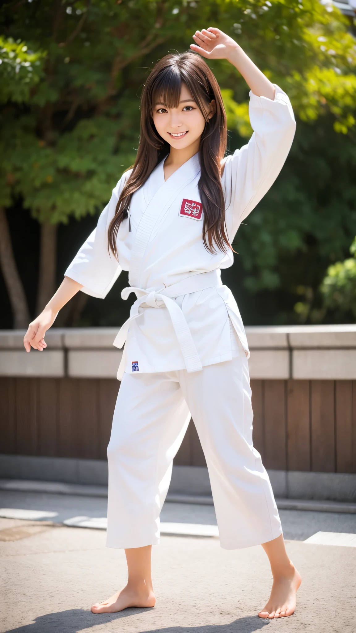 woman in white karate outfit taking a selfie in mirror, wearing a white gi, karate outfit, White uniform, posing ready for a fight, white belt, Full uniform, wearing white robes!, Inspired by Kan'o Hogai, Estilo Kim Jung Gi, What is the point?, nodded, karate, uniform JK, korean girl, Estilo Kim Jung Gi, fighting stance