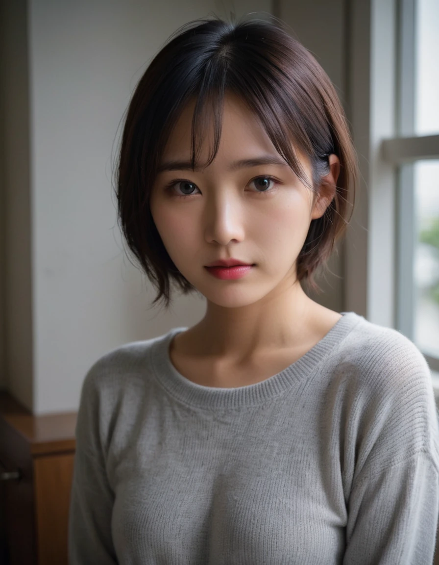 japanese woman, cute, 27yo, close-up, (natural lighting:2)
(gray sweater),
(thin curtain, dimly lit room:0.5)