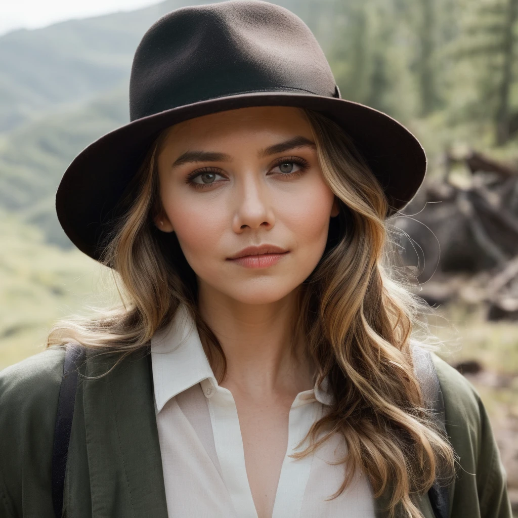 elizabeth olsen, looking at viewer, smile, white shirt, closed collar, (buttoned up shirt), long sleeves, hat, jacket, boots, outdoors, parted lips, day, pants, medium hair, bag, from side, depth of field, brown footwear, black pants, squatting, backpack, hat, campfire, photo background, ((perfect eyes, detailed eyes,realistic eyes)), ((sharp face, detailed face, realistic face, naturtal skin, realistic skin, detailed skin, pores)), sexy tetas 