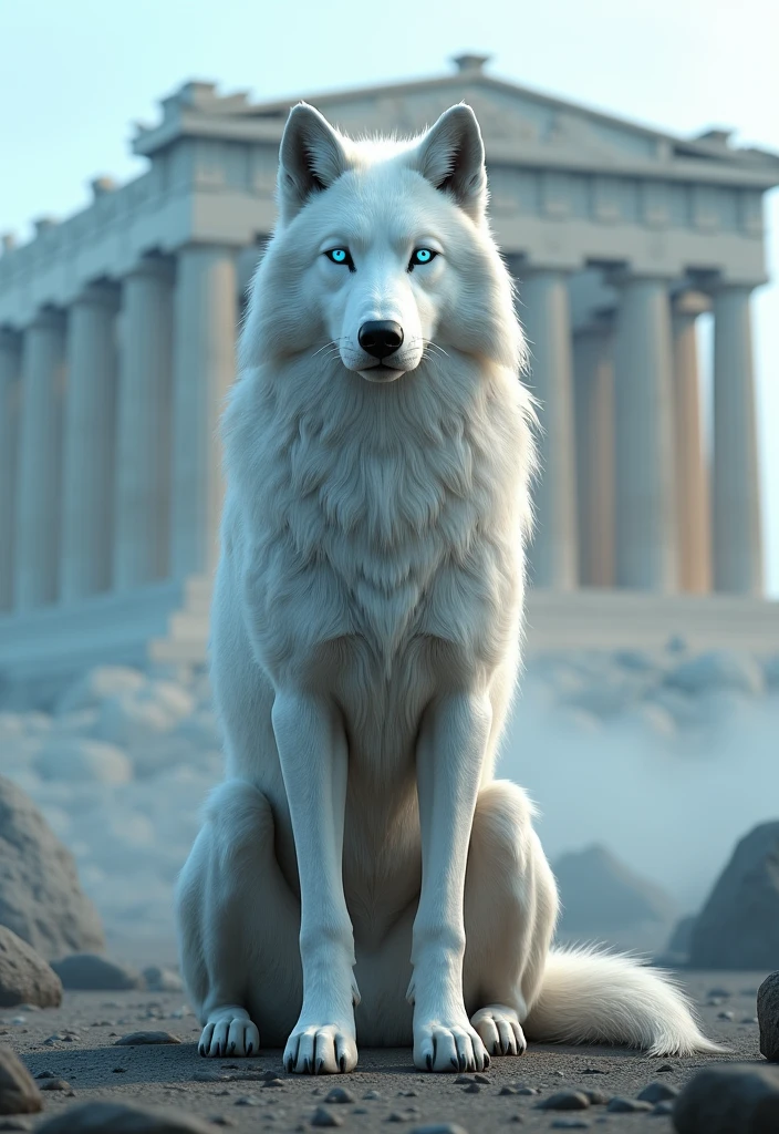 A white wolf with blue eyes sits in front of the Parthenon。A fantastic landscape covered in mist。