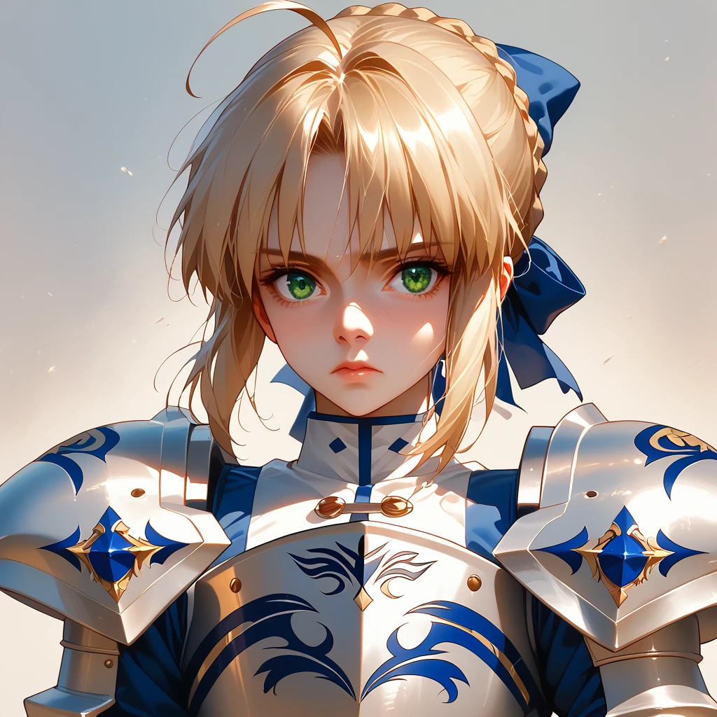 (masterpiece:1.2), (absurdres), (detailed face),(detailed eyes), (best quality) (traditional media:1.2)  , (white backround), upperbody, (expressionless),  artoria_pendragon_(fate), saber, armor, blonde hair, gauntlets, green eyes, hair ribbon, armored dress, ahoge, blue dress,