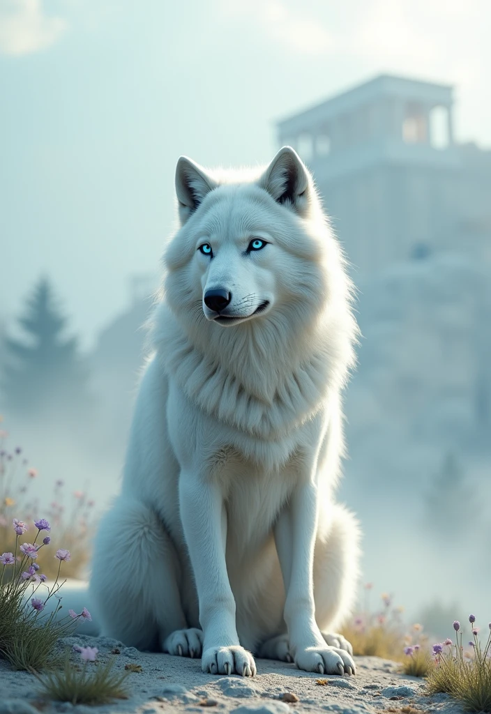 A white wolf with blue eyes sits in front of the Parthenon。A fantastic landscape covered in mist。