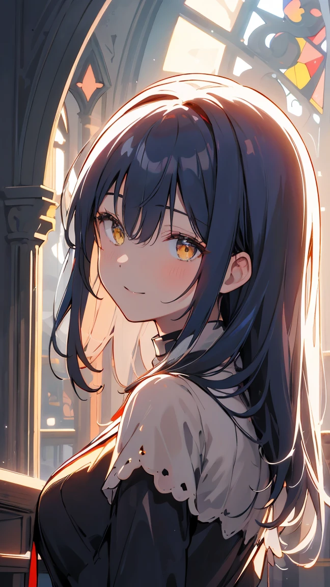 score_9, score_8_up, score_7_up, score_6_up, backlighting, light rays, 1girl, adult woman, she tilting her head, best perfect anatomy, medium breast, thin, curve body, nun, navy blue hair, bangs hair, yellow eyes, Pretty Face, wholesome, Smiling expression, shy, calm, looking a view, highres, highest quallity, illustration, cinematic light, dramatic shading, evening days, good lighting, volumetric lighting, backlighting, light rays, close up of your face, (background : stained glass, church, arch),