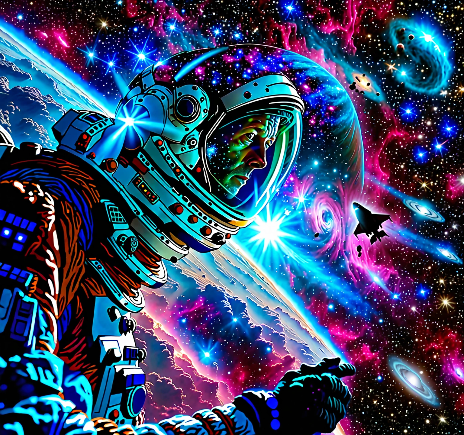 An astronaut floating in space, his helmet visor reflecting a mysterious alien figure or shadow. Behind him, a distant spaceship drifts, illuminated by the glow of a nearby nebula. The background shows a vast expanse of dark space, with stars and swirling purple and blue nebulas. The scene evokes a sense of isolation, danger, and wonder, as the astronaut approaches an unknown frontier.