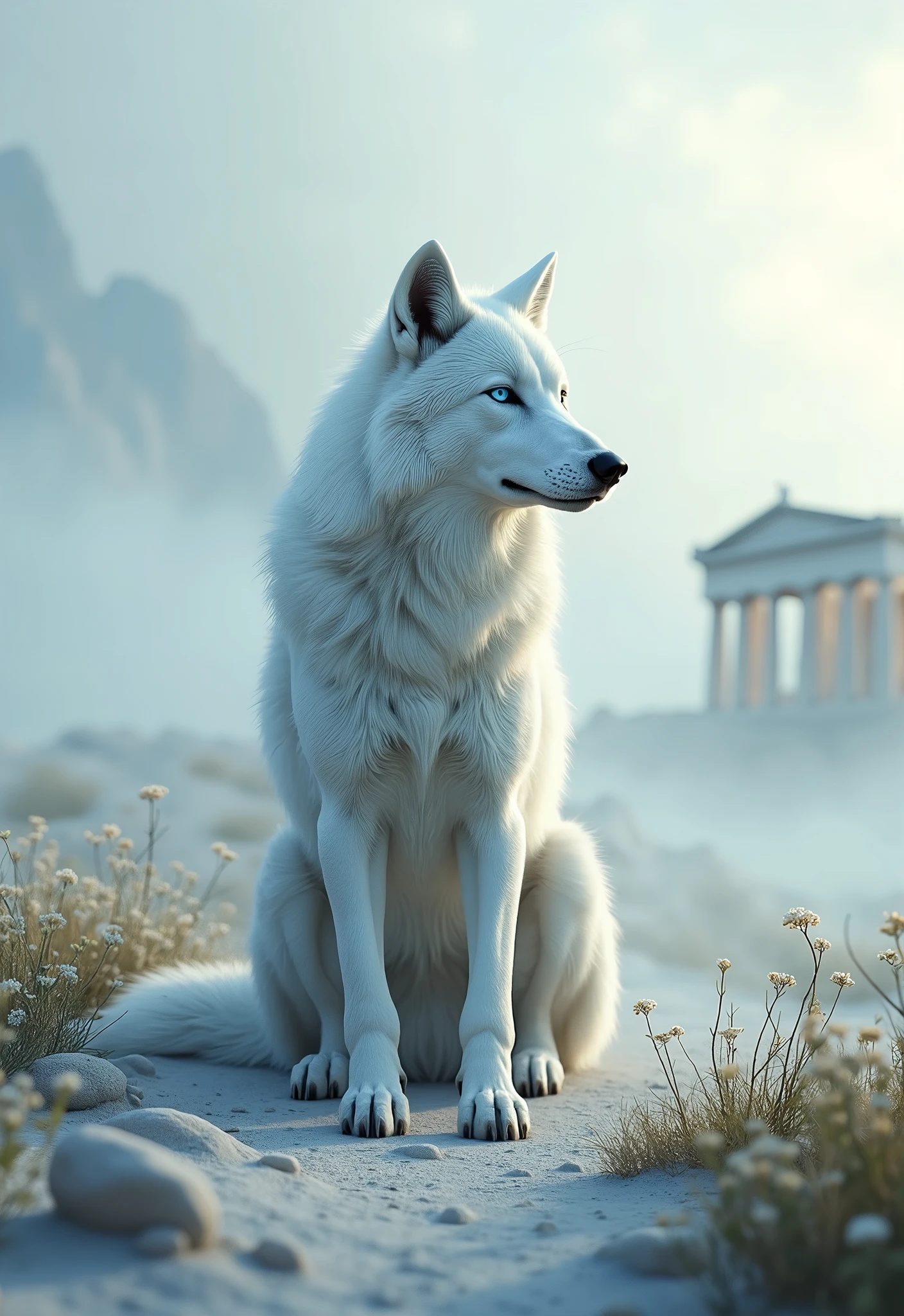 A white wolf with blue eyes sits in front of the Parthenon。A fantastic landscape covered in mist。