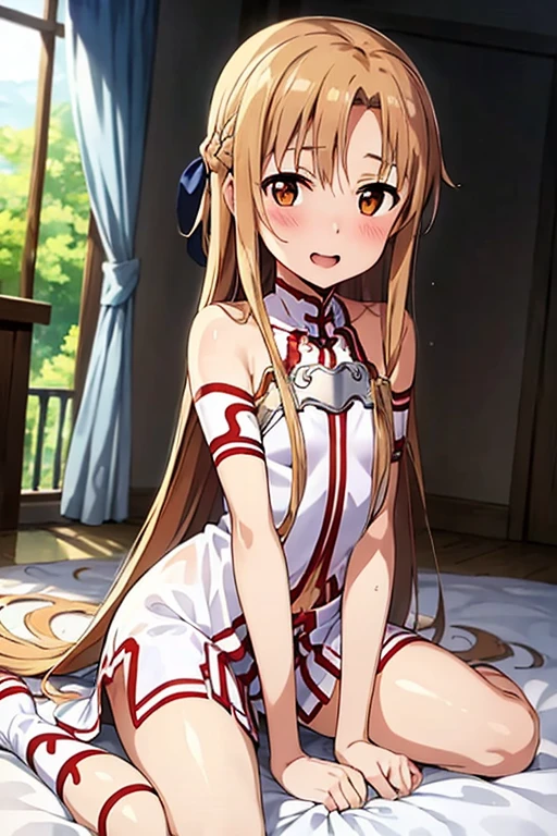 ((Best Quality)), ((masterpiece)), (be familiar with), Perfect Face, indoor, bedroom, Watching the audience,
One woman, Yuuki Asuna,
Open Mouth, Ecstatic expression, blush, smile,
Small breasts, Flat Chest, , , child, Girl,
Long Hair, Long Hair,
Leg spread,