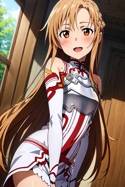 ((Best Quality)), ((masterpiece)), (be familiar with), Perfect Face, indoor, bedroom, Watching the audience,
One woman, Yuuki Asuna,
Open Mouth, Ecstatic expression, blush, smile,
Small breasts, Flat Chest, , , child, Girl,
Long Hair, Long Hair,
Leg spread,