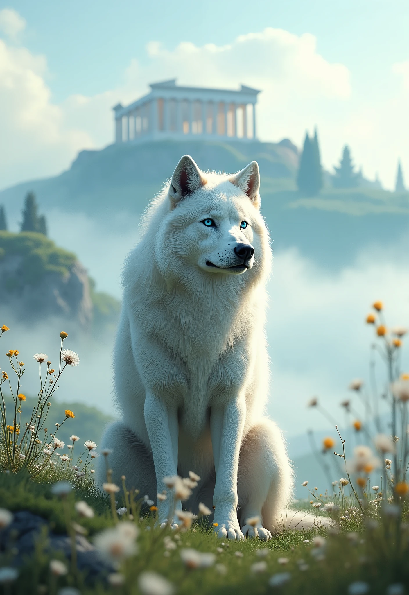 A white wolf with blue eyes sits in front of the Parthenon。A fantastic landscape covered in mist。