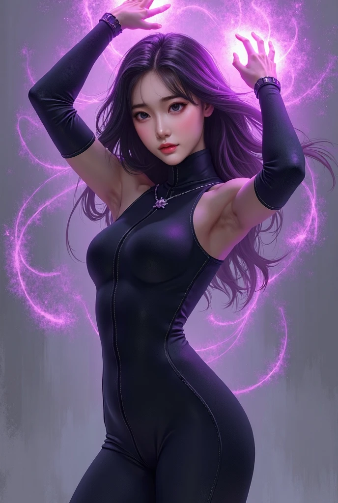 Masterpiece, best quality, 1girl, with long flowing iridescent hair in shades of purple, blue, and green, wearing a sleek black bodysuit, standing in a dramatic pose with one hand on her hip and the other holding a glowing, magical crystal ball. In the background, a swirling vortex of light and energy adds to the mysterious and enchanting atmosphere of the scene. glow hair, multicolor hair