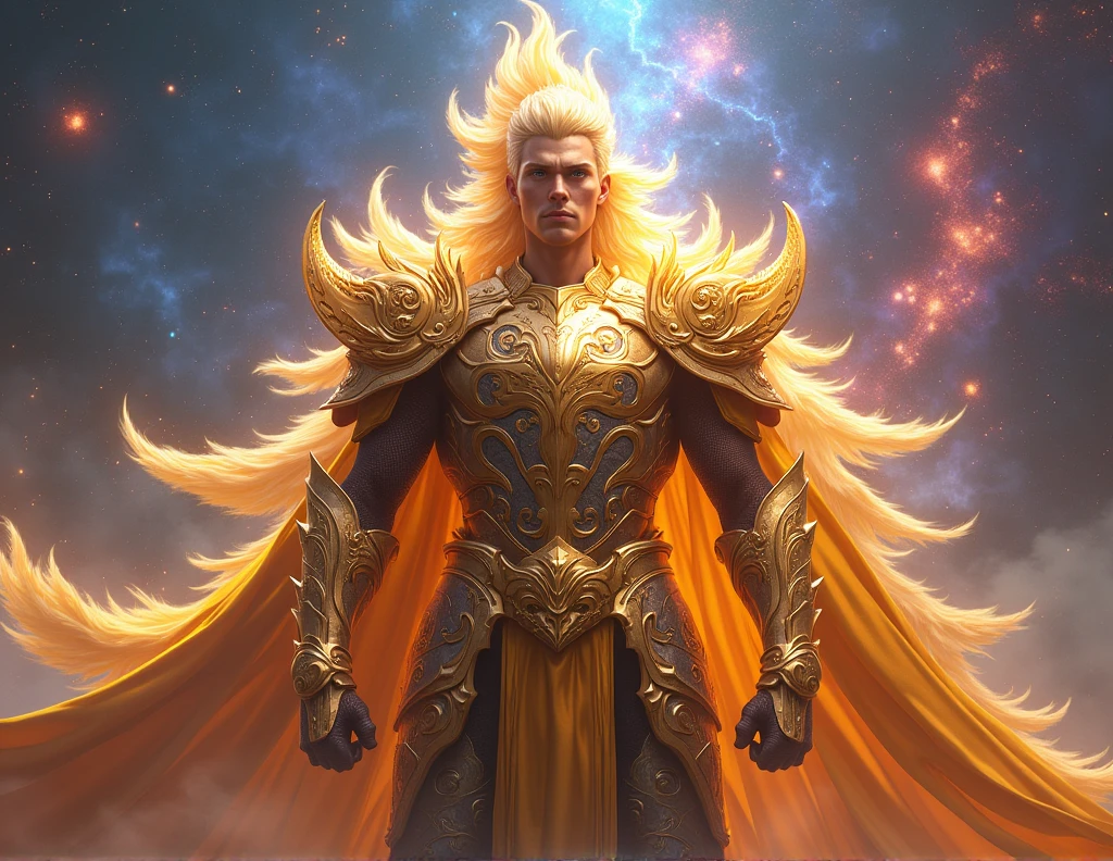 ikki phoenix knight with his golden armor with a nebula background