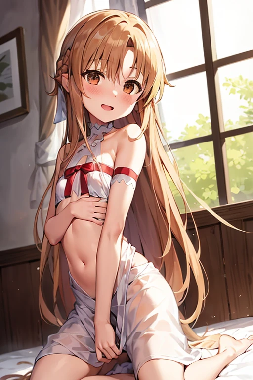 ((Best Quality)), ((masterpiece)), (be familiar with), Perfect Face, indoor, bedroom, Watching the audience,
One woman, Yuuki Asuna,
Open Mouth, Ecstatic expression, blush, smile,
Small breasts, Flat Chest, , , child, Girl,
Long Hair, Long Hair,
Leg spread,