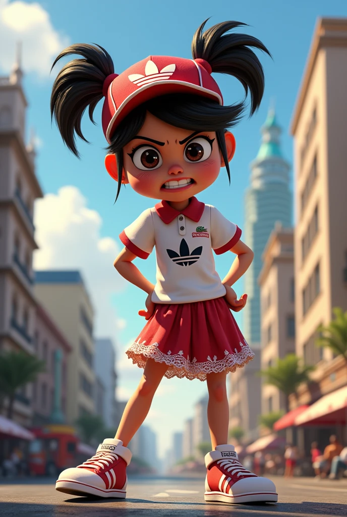 [Wreck_It_Ralph_Movie], ((masterpiece)), ((high quality)), ((HD)), ((beautiful portrait)), ((front view)), ((full body)), ((boots visible)), ((beautiful background)), {vanellope von schweetz, black hair, red scrunchy, short ponytail, (candy in hair:1.2), (cute half-closed brown eyes), smug smirk, white teeth}, {(white zip-up jumpsuit), aqua riding boots}, {(standing), (hands on hip), (looking at viewer), (pigeon-toed)}, [Background: (raceway), (grand prix), (confetti), (blue sky), (bright sun), (sun rays)]