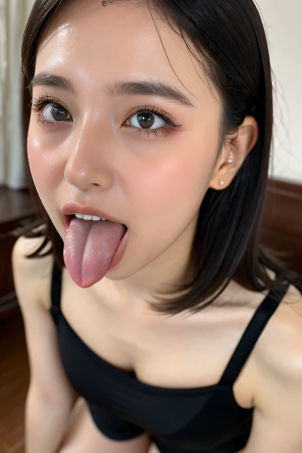 1girl,Tabletop,,Awards - Winning Photos, Very detailed, Face close-up、Keep your eyes focused, Nose and mouth,Face Focus, Woman with open mouth and closed eyes, Face Focus Close-up、age: 18 ,Black-haired、Symmetrical face,Realistic nostrils、Angle from below、Elongated C-shaped nostrils、Sweaty skin、Sweaty, Lighting that highlights shiny skin、(((Loose fitting T-shirt, Shorts),))Sweaty, shiny skin、Shiny skin、Big eyes、Double eyelids、(My tongue is wet and shiny) ((Wet tongue)) ((Berokisu))Disneyland,Taylor Hill,Hyperrealistic,Real Skin、Nogizaka Members,Detailed and realistic eyelashes and double eyelids,