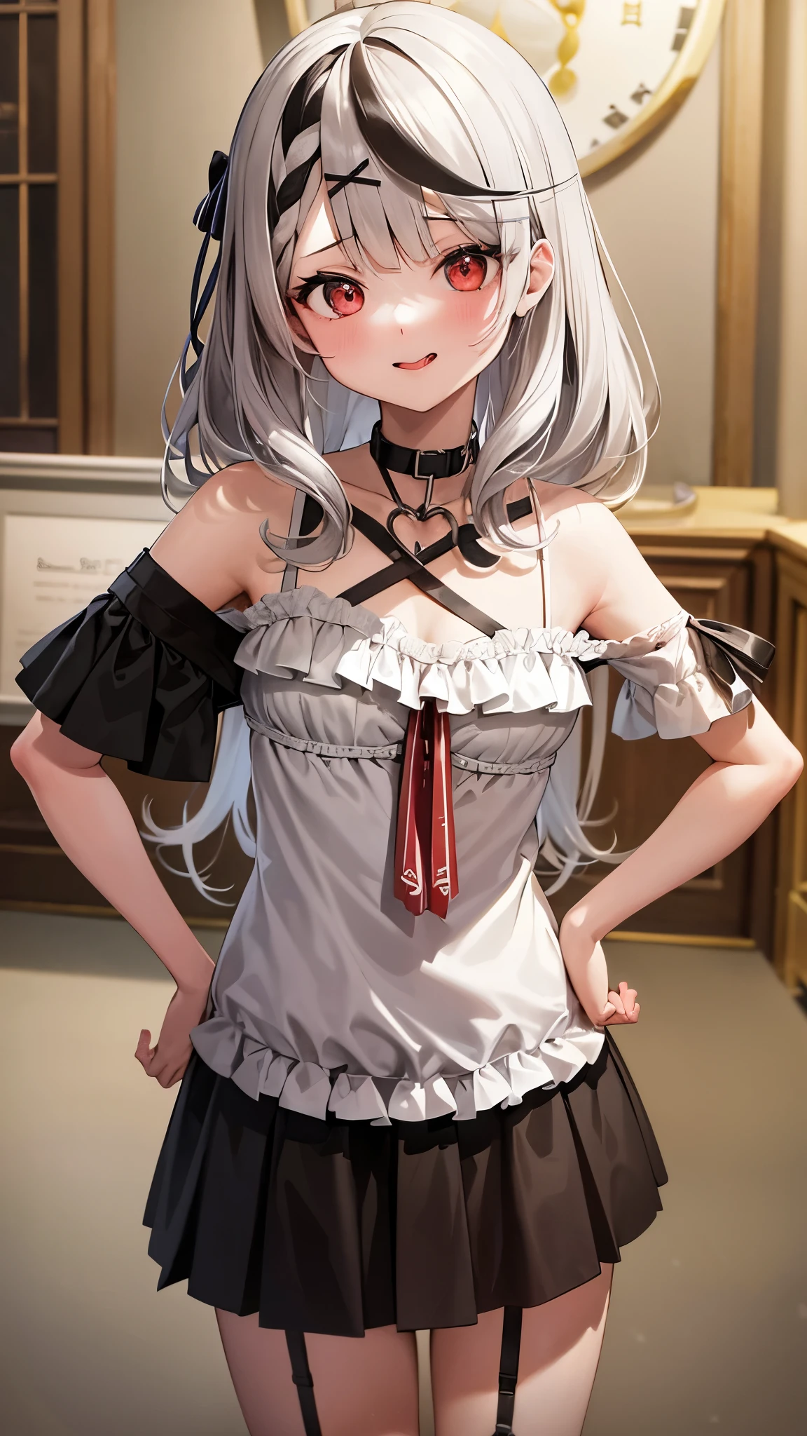 8k, High resolution, Very detailed, (masterpiece:1.4), Best Quality, 1 girl ,  Sakemachi Chloe,Asymmetrical Hair , Silver Hair ,  (Long and straight hair),Two-part bangs , Gray Hair ,  Hands on hips , indoor , Leaning forward ,  Long Hair , Looking at the audience , Medium chest ,   throw , Shoulder cutouts ,  Standing , Striped Hair , Sticking out tongue , 