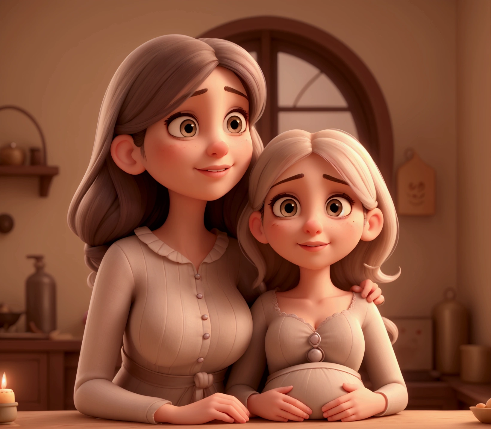Obra-prima, de melhor qualidade. Girl of approximately 27 years old, cabelos ondulados um pouco abaixo do ombro, cabelo e olhos castanhos. Holding a baby on her lap helping her mother breastfeed