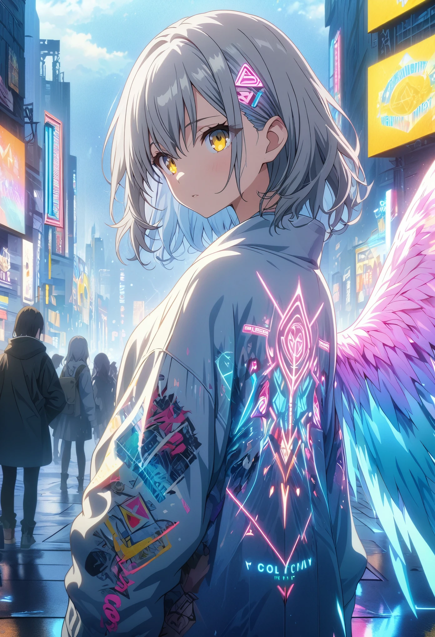 masterpiece, Best Quality, Highly detailed CG Unity 8k wallpaper, One Girl, Anime screenshots, Geometric Neon Tattoo, Big wings of neon lights, Depth of written boundary, Gray Hair, Yellow Eyes, Cool look、Distant look、Reflective ground with water effect、Shibuya Scramble Crossing、Cowboy Shot