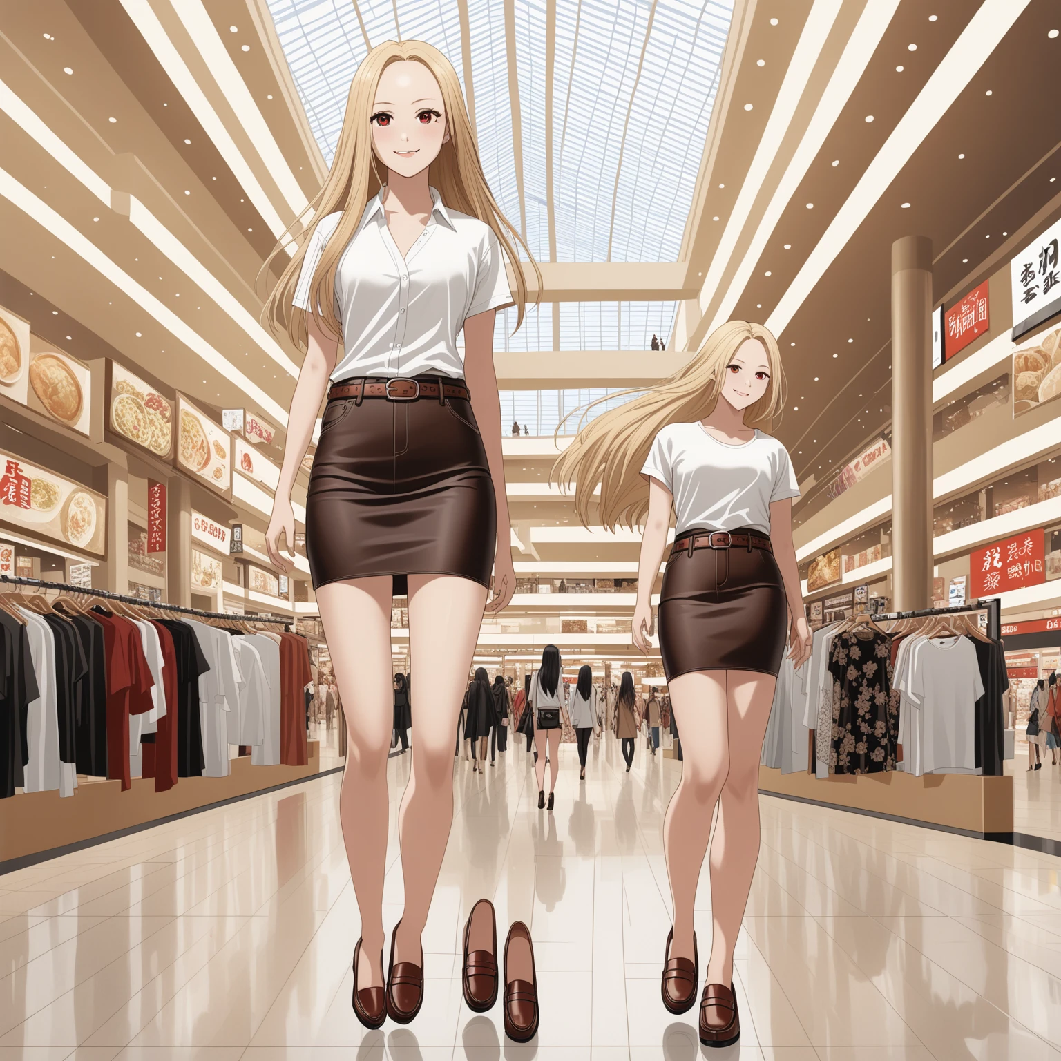 realistic anime illustration of young woman, (Kitagawa_Marin, Long_Hair, Blonde_Hair, Multicolored_Hair, Piercing, red_eyes), smiling at shopping mall, she is in dark brown long straight hair (forehead), she wearing white short sleeve collared unbuttoned top shirt, black pencil mini skirt with belt, and loafer ((masterpiece:1.2), (best quality:1.2), (very aesthetic:1.2), (absurdres:1.2), (detailed background), intricate details, newest),  (1girl, solo, full body), (japanese anime style)